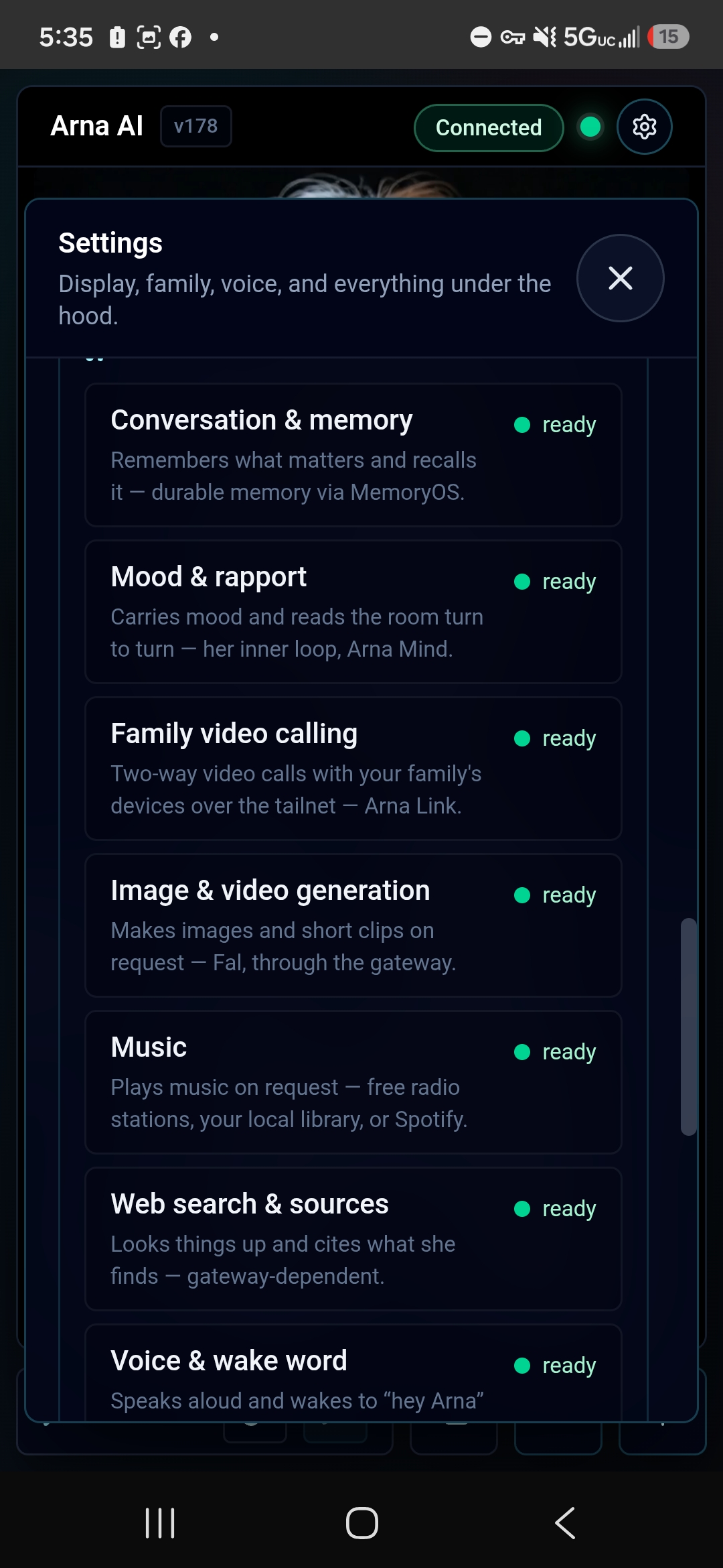 Arna settings — capabilities panel on Android